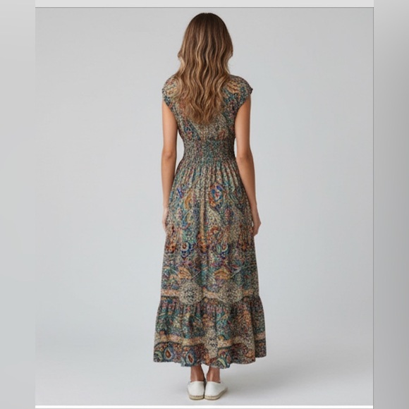 Boho Paisley Shirred Waist Ruffle Hem Maxi Dress Multicolor - Picture 7 of 12